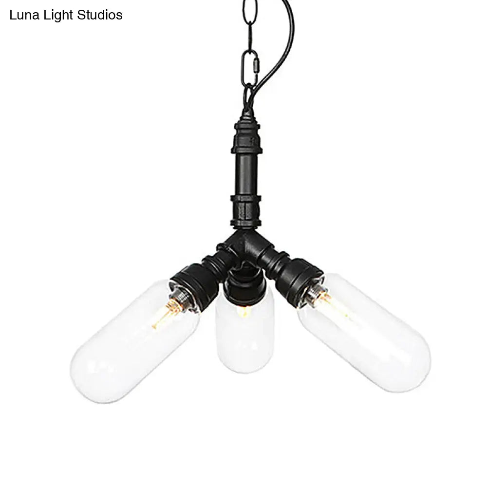 Elisa - Vintage Vintage Water Pipe Chandelier Pendant Light 2/3/4-Light Iron LED Hanging Ceiling Lamp in Black with Capsule Clear Glass Shade