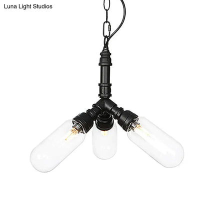 Elisa - Vintage Vintage Water Pipe Chandelier Pendant Light 2/3/4-Light Iron LED Hanging Ceiling Lamp in Black with Capsule Clear Glass Shade
