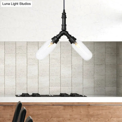 Elisa - Vintage Vintage Water Pipe Chandelier Pendant Light 2/3/4-Light Iron LED Hanging Ceiling Lamp in Black with Capsule Clear Glass Shade