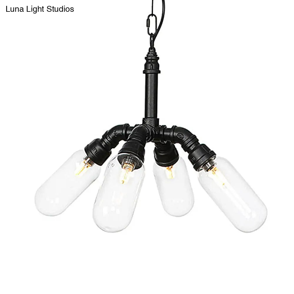 Elisa - Vintage Vintage Water Pipe Chandelier Pendant Light 2/3/4-Light Iron LED Hanging Ceiling Lamp in Black with Capsule Clear Glass Shade