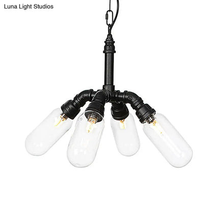 Elisa - Vintage Vintage Water Pipe Chandelier Pendant Light 2/3/4-Light Iron LED Hanging Ceiling Lamp in Black with Capsule Clear Glass Shade