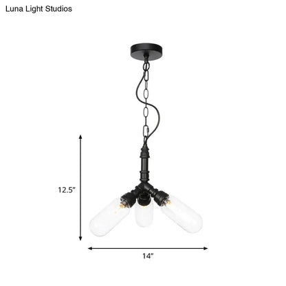 Elisa - Vintage Vintage Water Pipe Chandelier Pendant Light 2/3/4-Light Iron LED Hanging Ceiling Lamp in Black with Capsule Clear Glass Shade