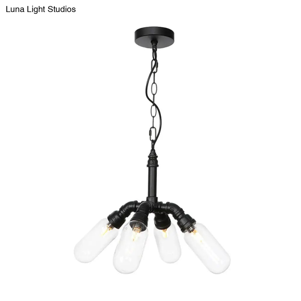 Elisa - Vintage Vintage Water Pipe Chandelier Pendant Light 2/3/4-Light Iron LED Hanging Ceiling Lamp in Black with Capsule Clear Glass Shade