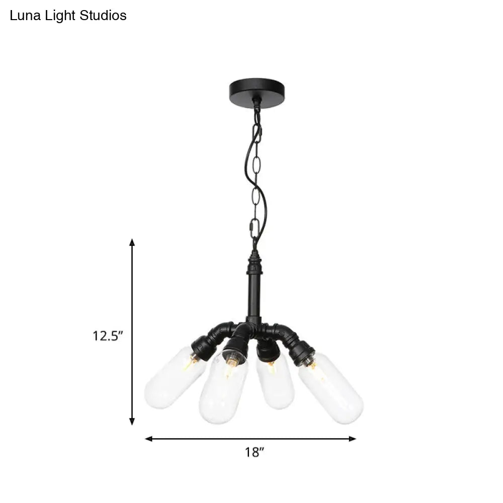 Elisa - Vintage Vintage Water Pipe Chandelier Pendant Light 2/3/4-Light Iron LED Hanging Ceiling Lamp in Black with Capsule Clear Glass Shade