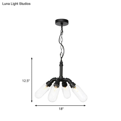 Elisa - Vintage Vintage Water Pipe Chandelier Pendant Light 2/3/4-Light Iron LED Hanging Ceiling Lamp in Black with Capsule Clear Glass Shade