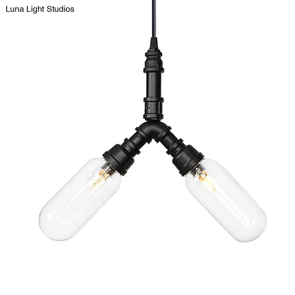 Elisa - Vintage Vintage Water Pipe Chandelier Pendant Light 2/3/4-Light Iron LED Hanging Ceiling Lamp in Black with Capsule Clear Glass Shade