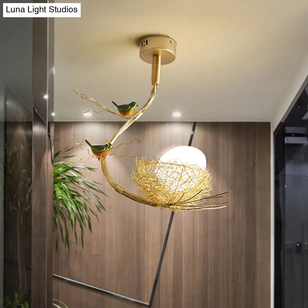 Eliza - Rustic Rustic Bird Egg Shaped Ceiling Chandelier 3 Lights Milk White Glass Golden Hanging Ceiling Light with Branch and Nest