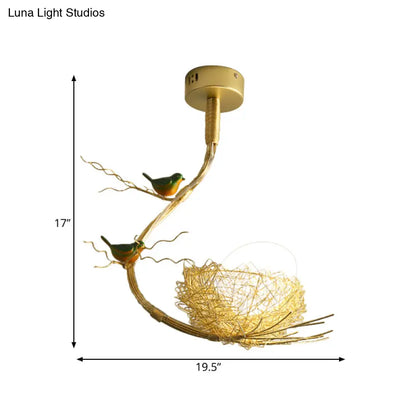 Eliza - Rustic Rustic Bird Egg Shaped Ceiling Chandelier 3 Lights Milk White Glass Golden Hanging Ceiling Light with Branch and Nest