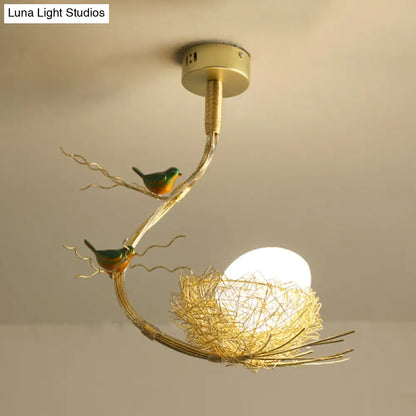 Eliza - Rustic Rustic Bird Egg Shaped Ceiling Chandelier 3 Lights Milk White Glass Golden Hanging Ceiling Light with Branch and Nest