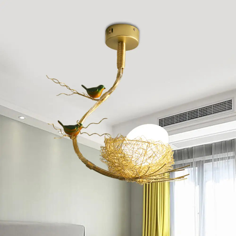 Eliza - Rustic Rustic Bird Egg Shaped Ceiling Chandelier 3 Lights Milk White Glass Golden Hanging Ceiling Light with Branch and Nest