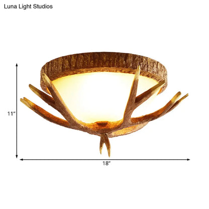 DecorBites™ DecorBites™ Elk Antler 3-Light Wood Brown Flush Mount Ceiling Fixture with Domed Glass Shade - Traditional Lighting