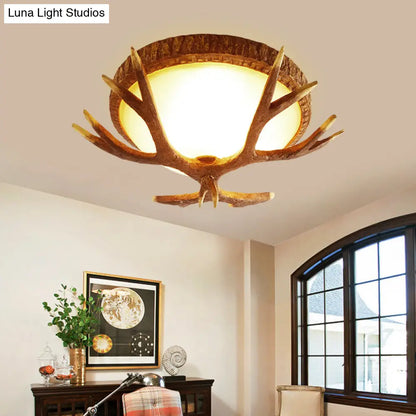 DecorBites™ DecorBites™ Elk Antler 3-Light Wood Brown Flush Mount Ceiling Fixture with Domed Glass Shade - Traditional Lighting