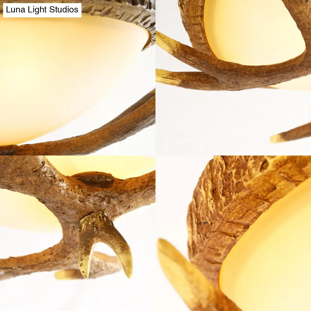 DecorBites™ DecorBites™ Elk Antler 3-Light Wood Brown Flush Mount Ceiling Fixture with Domed Glass Shade - Traditional Lighting
