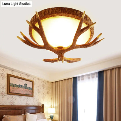 DecorBites™ DecorBites™ Elk Antler 3-Light Wood Brown Flush Mount Ceiling Fixture with Domed Glass Shade - Traditional Lighting