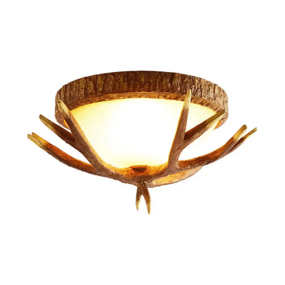 DecorBites™ DecorBites™ Elk Antler 3-Light Wood Brown Flush Mount Ceiling Fixture with Domed Glass Shade - Traditional Lighting