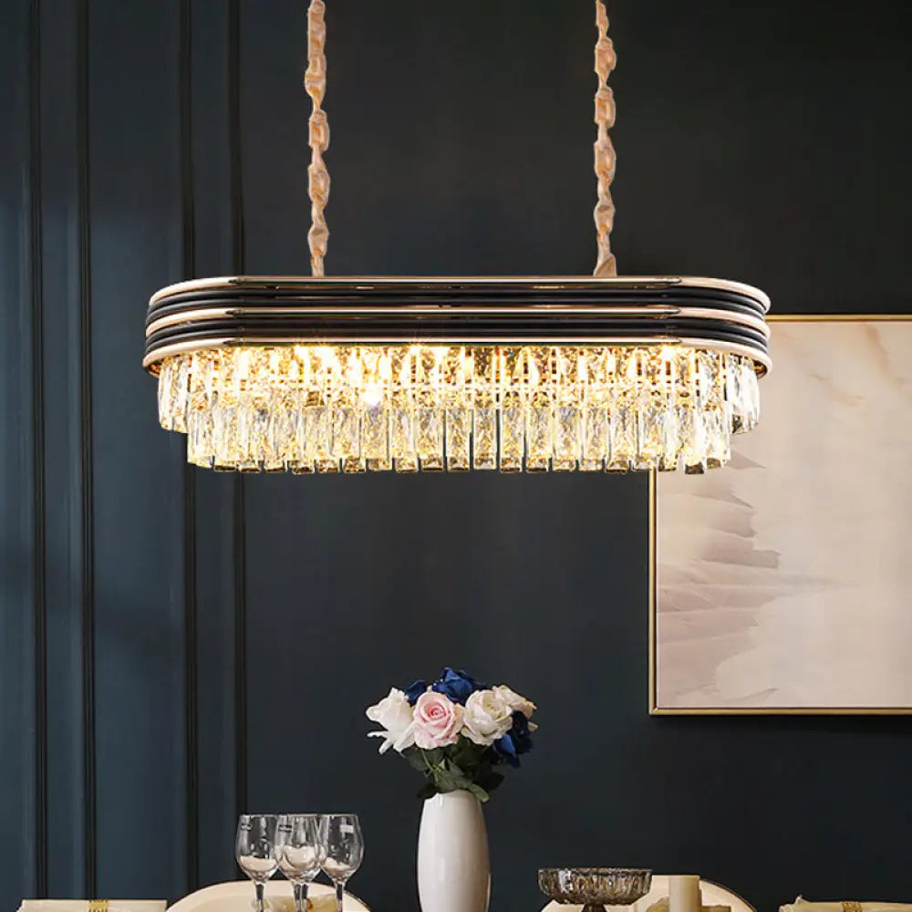 DecorBites™ Elliptical Pendant Lamp with Cut Crystal - Modern 8-Bulb Hanging Light in Black for Island