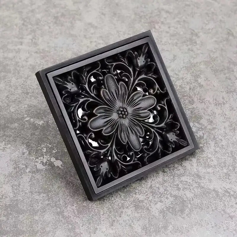Black brass square floor drain with intricate embossed floral design for shower room decorbites brass square floor drain
