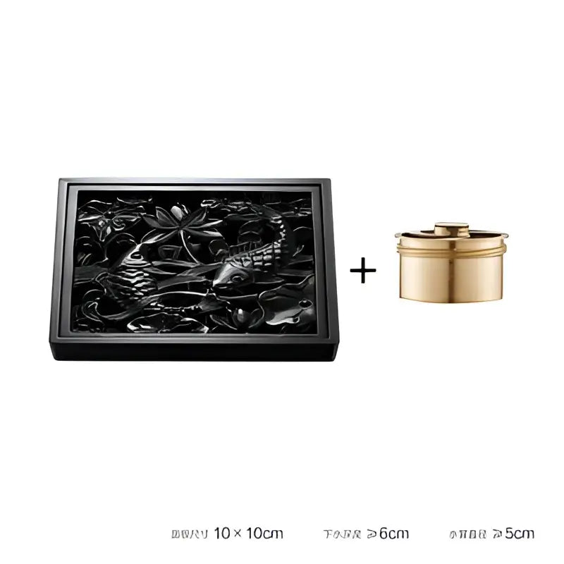 Black lacquered rectangular box with carved dragon and lotus design beside a golden container for decorbites brass square floor drain shower room