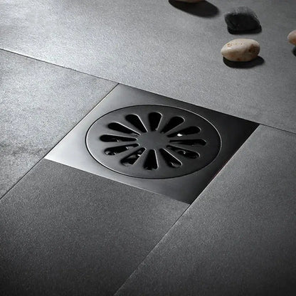 Embossed floral black brass square floor drain with sunburst grille design for shower room decorbites brass square