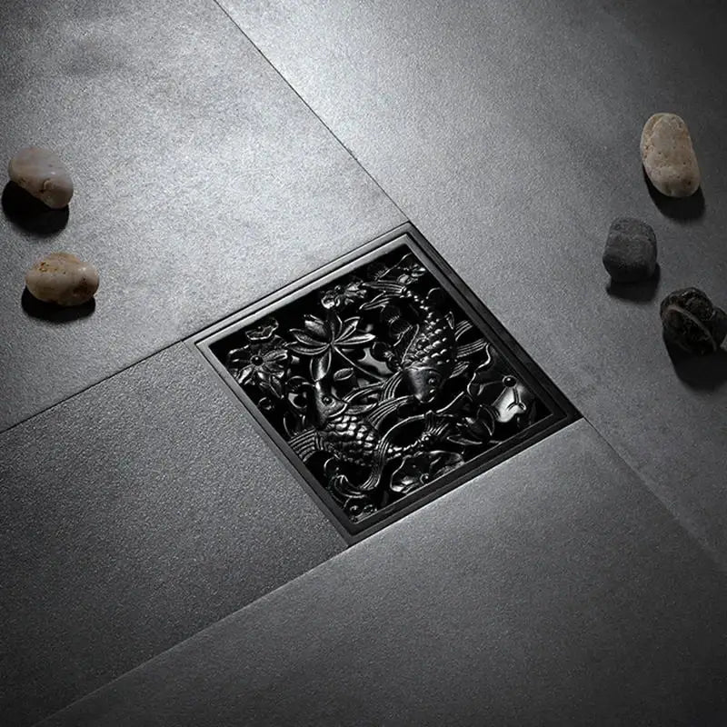Black brass square floor drain with embossed fish and floral design for shower room by decorbites brass square
