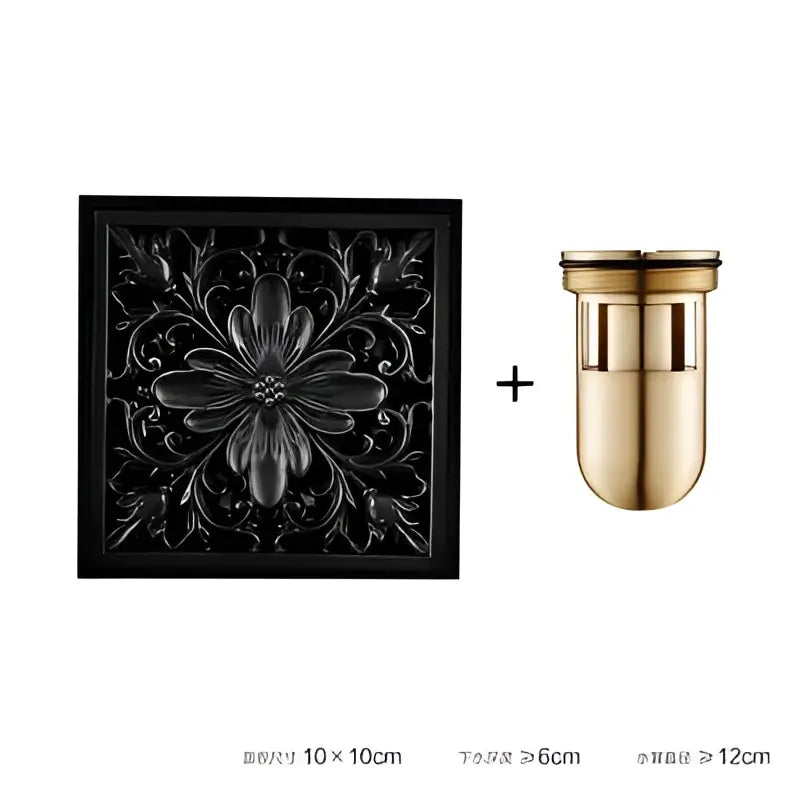 Embossed floral black brass square floor drain with gold-toned cylindrical base for shower room decorbites brass square
