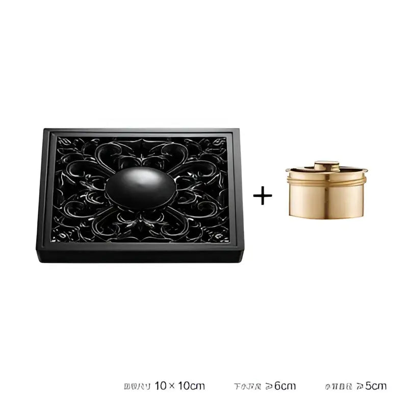 Black ornate embossed floral brass square floor drain with spherical centerpiece for shower room by decorbites brass square