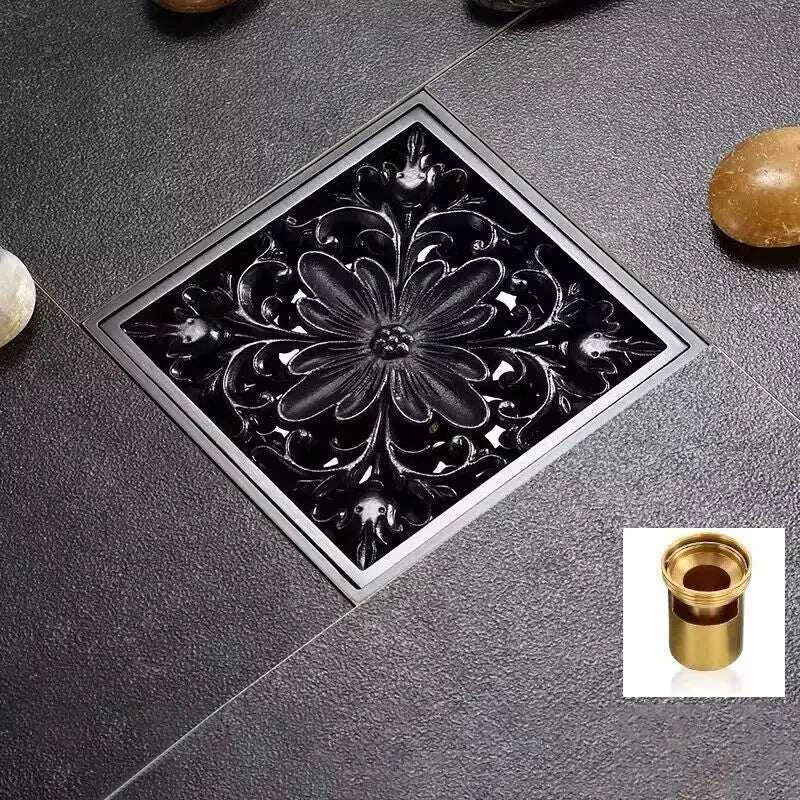 Embossed floral black brass square floor drain with ornate metal design for shower room by decorbites brass square