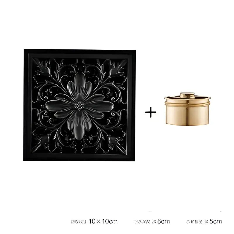 Black ornate embossed floral brass square floor drain with gold-toned container for shower room decorbites brass square