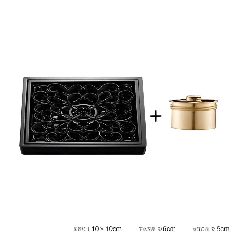Black ornate brass square floor drain with embossed floral design and gold container for shower room decorbites brass square