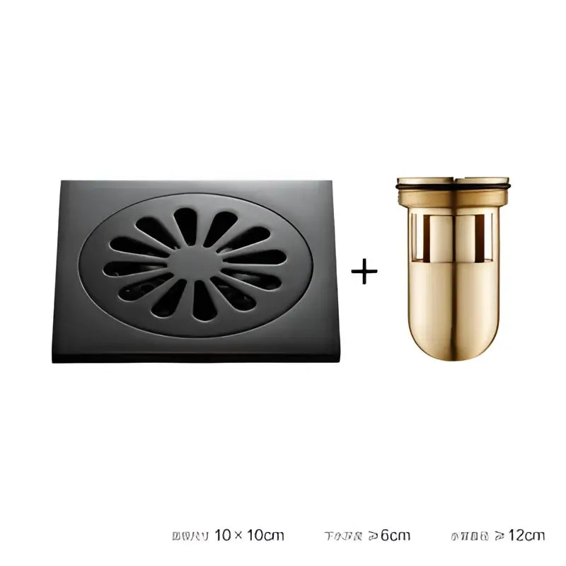 Embossed floral black brass square floor drain with sunburst pattern and gold-toned overflow pipe for shower room decorbites brass square
