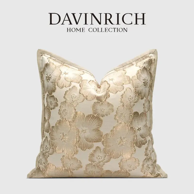 A cream cushion cover with embossed floral gold pattern crafted from luxurious satin for living room decorbites decor