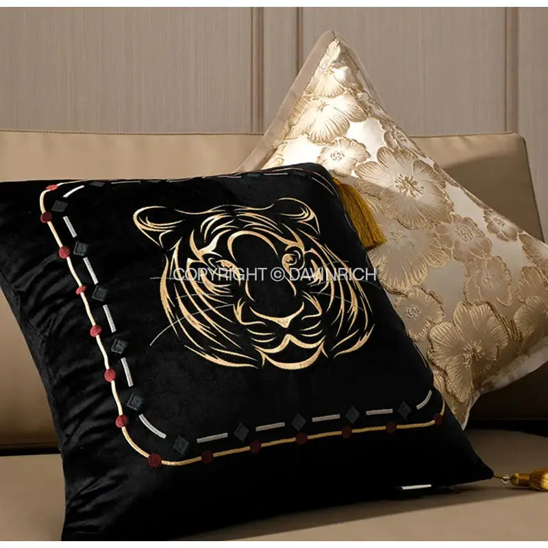 Black velvet cushion cover with embroidered gold tiger face and red silver bead border for decorbites embossed floral decor