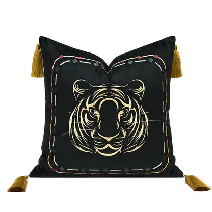 Black velvet cushion cover with gold-embroidered tiger face and mustard tassels for decorbites embossed floral decor
