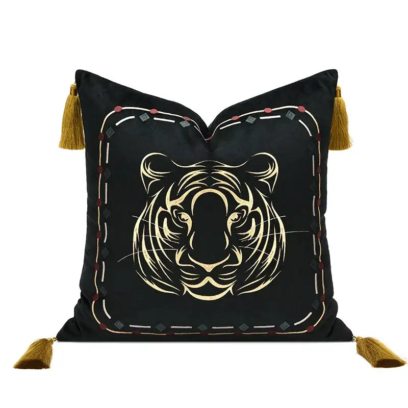 Black velvet cushion cover with gold-embroidered tiger face and mustard tassels for decorbites embossed floral decor