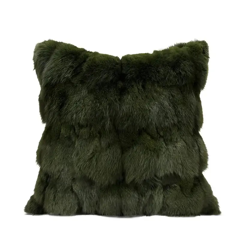 Olive green faux fur throw pillow with layered plush texture complementing decorbites embossed floral cushion cover
