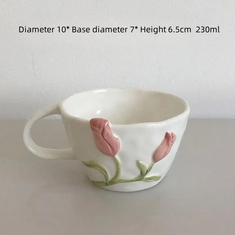 White ceramic embossed tulip ceramic cup with pink tulip and green stem decals for kitchen decorbites 3d embossed design