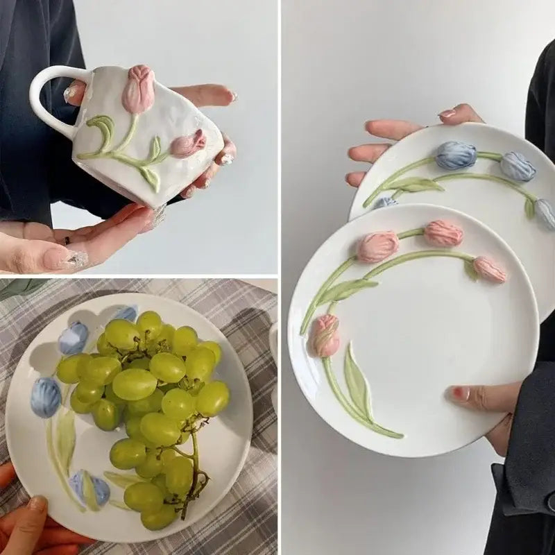 White ceramic embossed tulip ceramic cup and saucer set with 3d embossed pink and blue tulip decorbites design