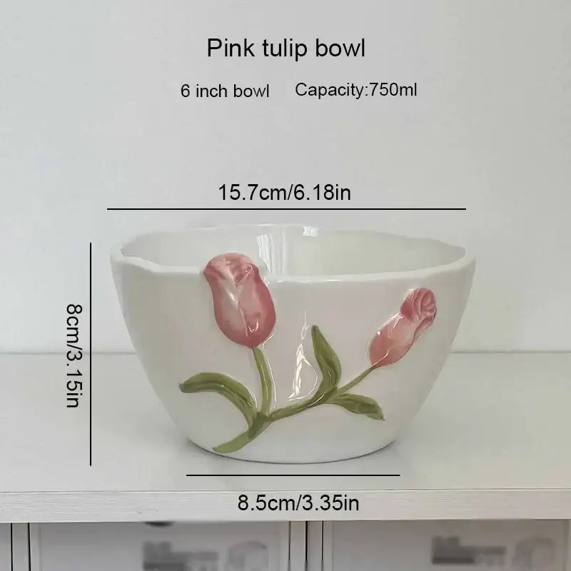 White ceramic bowl with embossed tulip ceramic pink design and green stems for decorbites 3d embossed kitchen decor