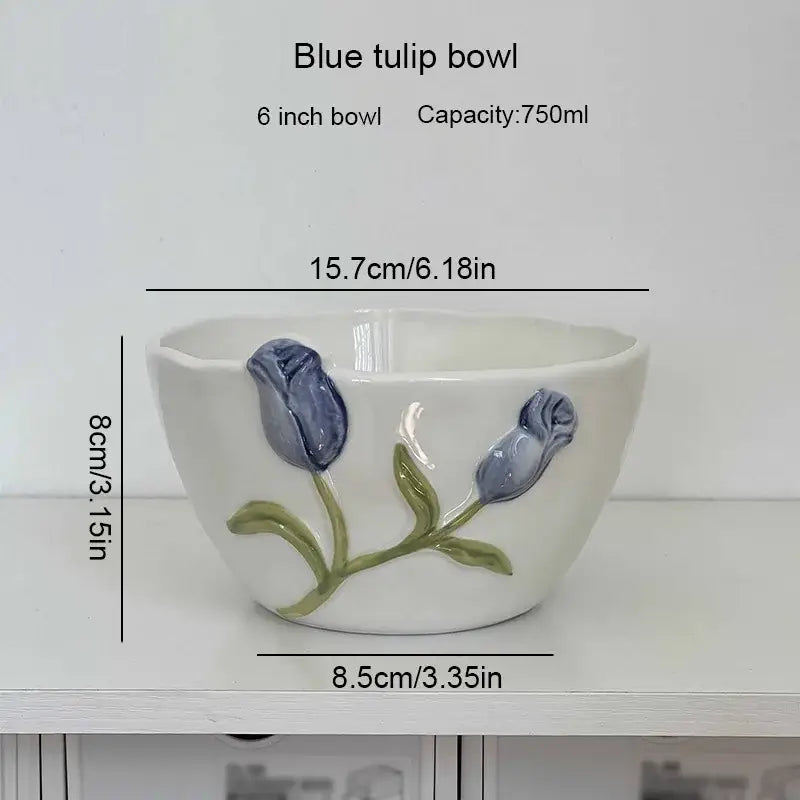 White ceramic bowl with hand-painted blue tulips green stems 6 inch diameter embossed tulip ceramic decorbites 3d embossed