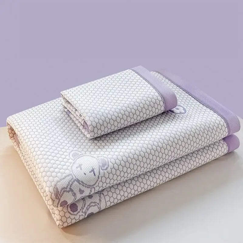 Embroidered bear white and pink cooling feel mat set with hexagonal texture and lavender patterned cooling blanket