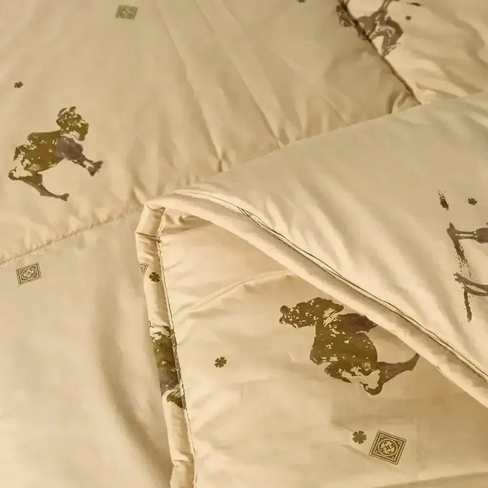 Embroidery beige camel hair quilted blanket featuring cream color with dark green horse motifs decorbites camel hair design