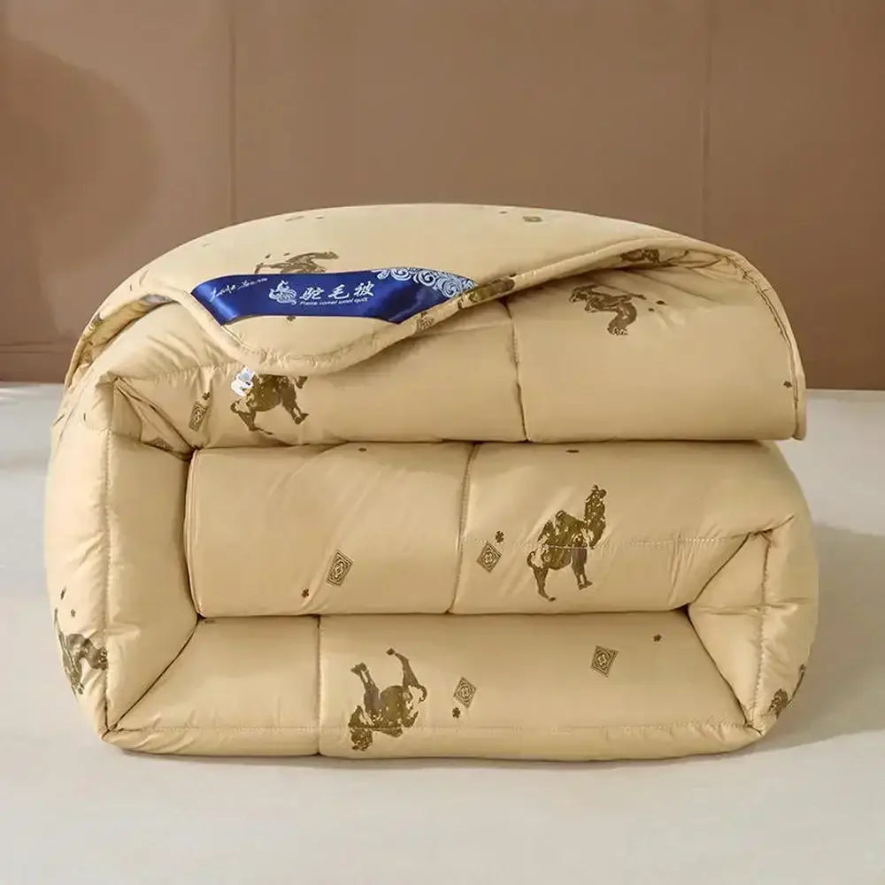 Beige camel hair quilted blanket with gold embroidered horse and rider motifs and xinjiang long-staple cotton label