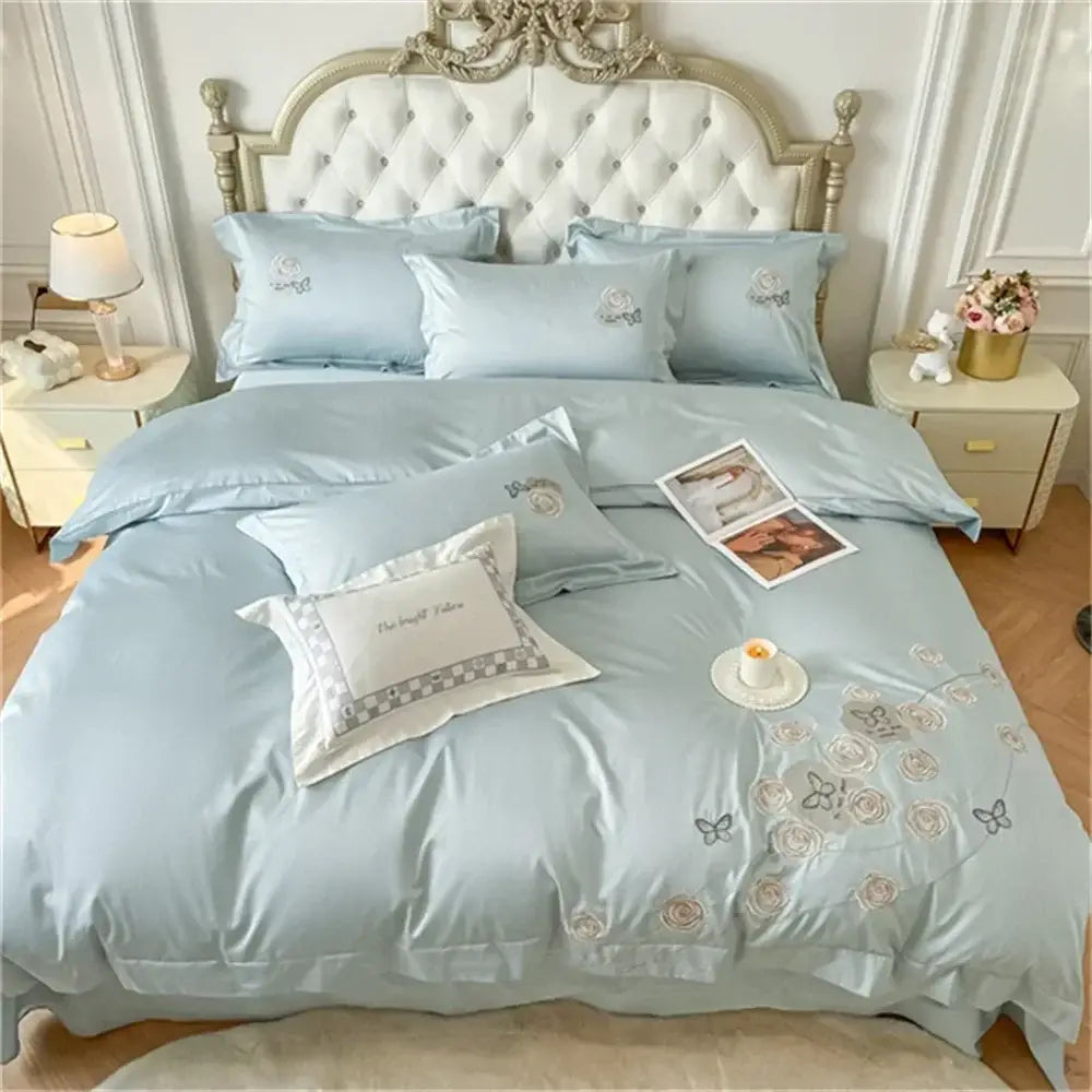 Light blue satin egyptian cotton duvet cover set with delicate embroidered roses and butterflies for bedroom use