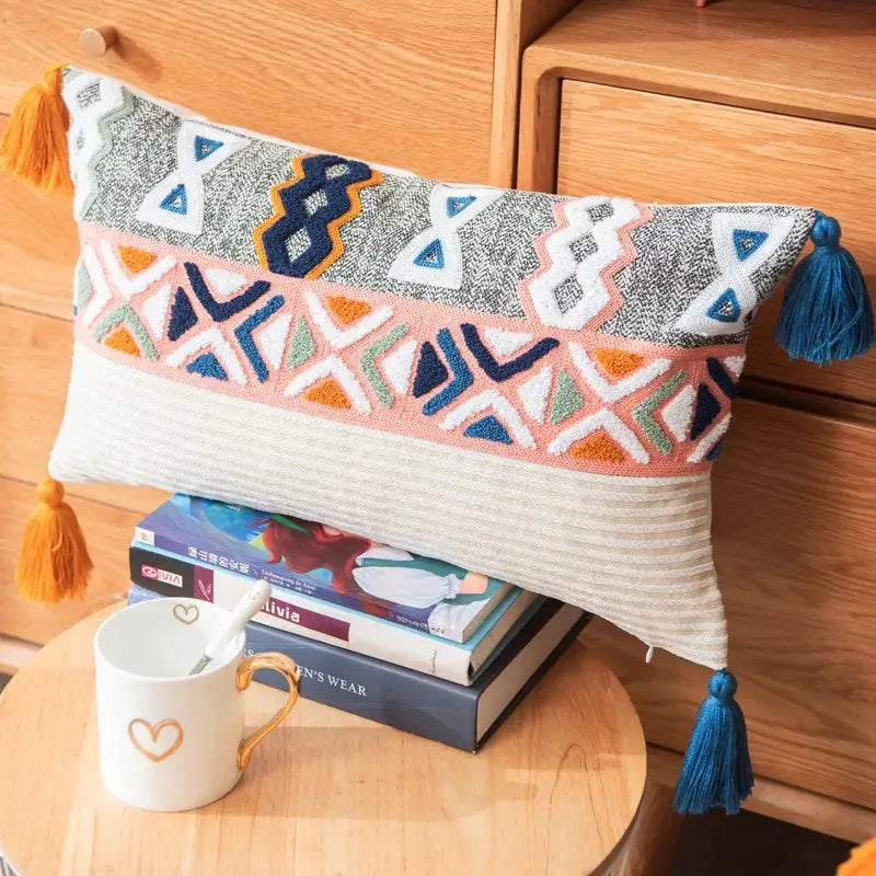 Rectangular embroidered blue tufted pillow cover with geometric pattern and tassels for boho bedroom decorbites decor