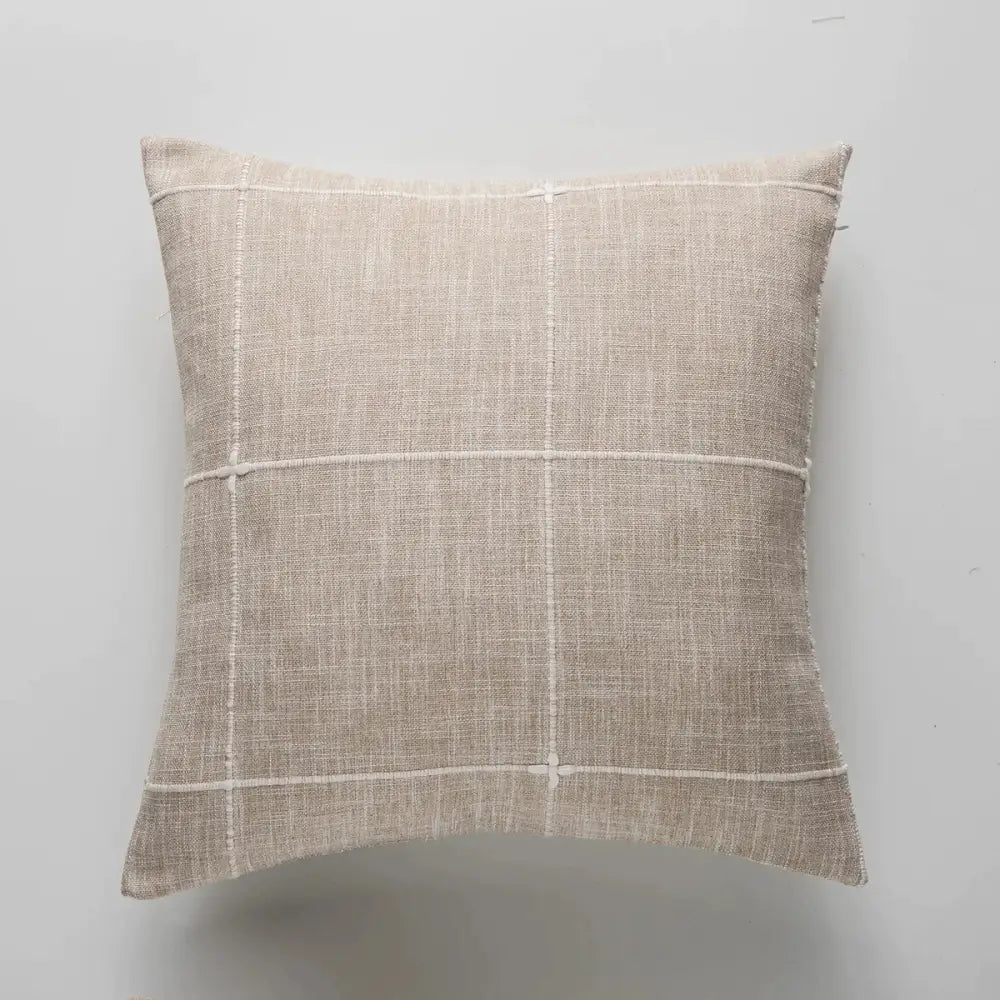 Beige linen throw pillow with subtle white grid stitching featuring brown grey stripe embroidery for decorbites brown grey living room decor