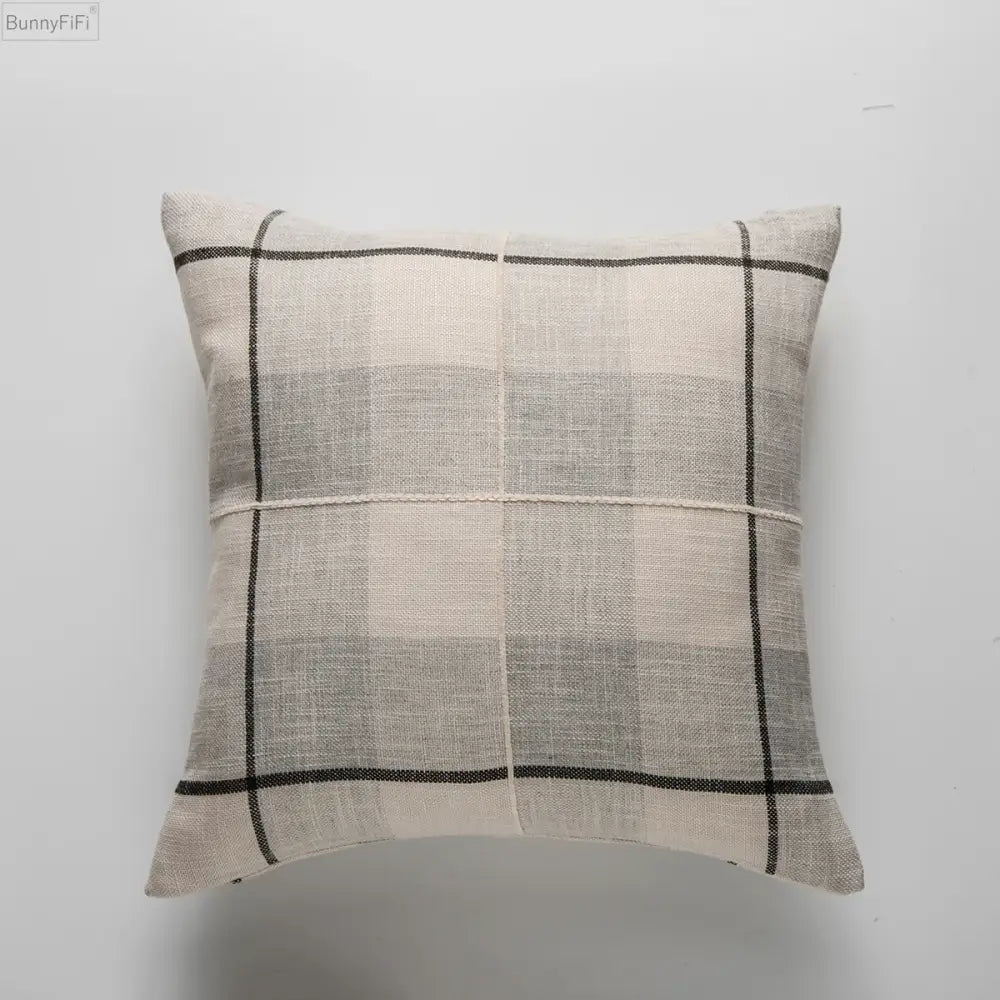 Beige and gray plaid linen throw pillow with black grid lines featuring decorbites brown grey stripe embroidery for living room decor