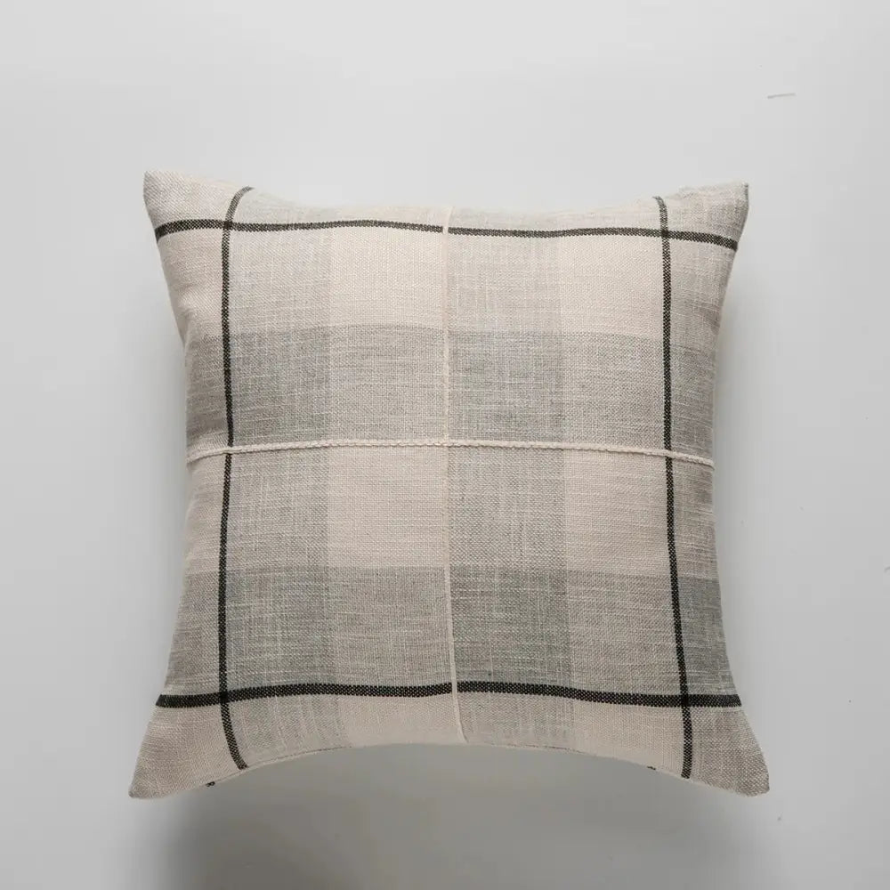 Beige and gray plaid linen throw pillow with black grid lines featuring brown grey stripe embroidery for living room decorbites decor