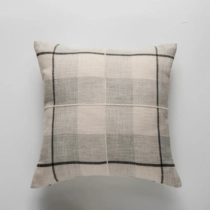 Beige and gray plaid linen throw pillow with black grid lines featuring brown grey stripe embroidery for living room decorbites decor