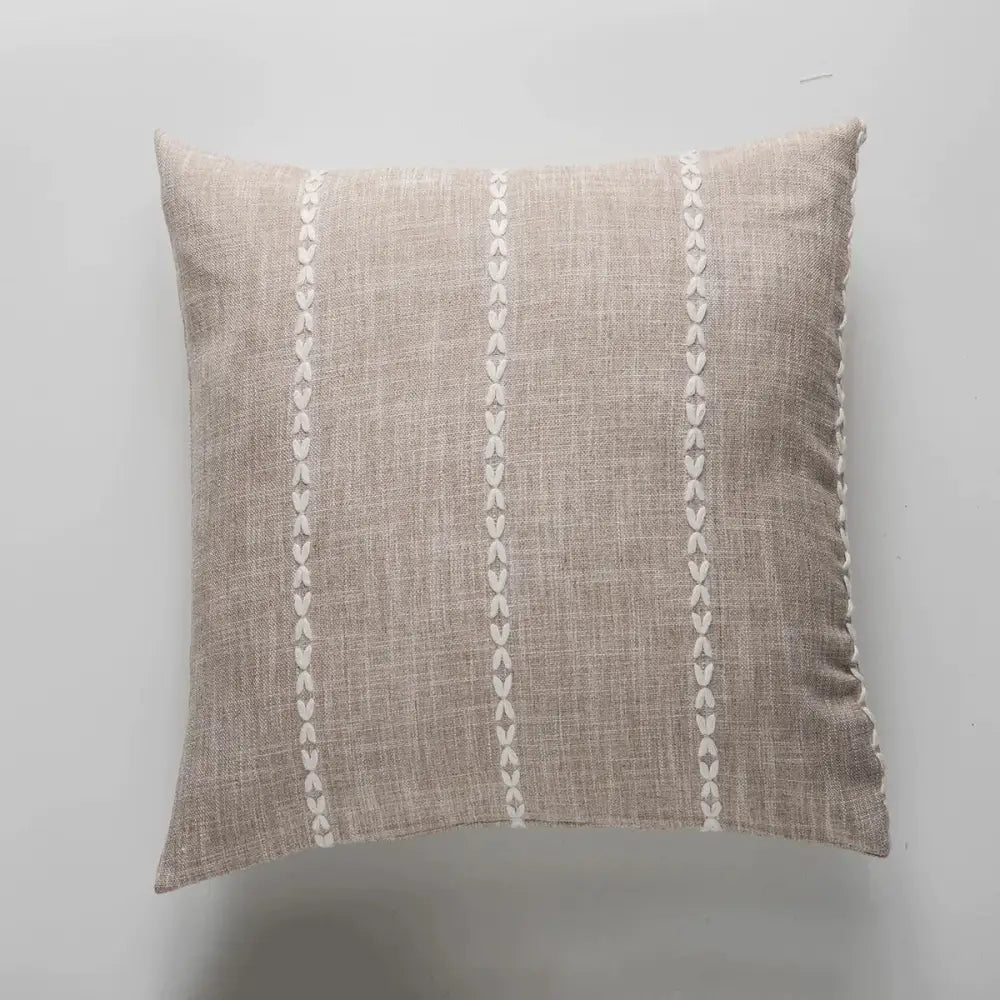 Beige linen throw pillow with cream chain-stitched grey stripe embroidery for decorbites brown grey living room decor