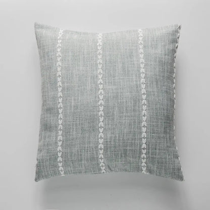 Gray linen throw pillow with three vertical rows of white leaf embroidery in decorbites brown grey stripe cushion cover